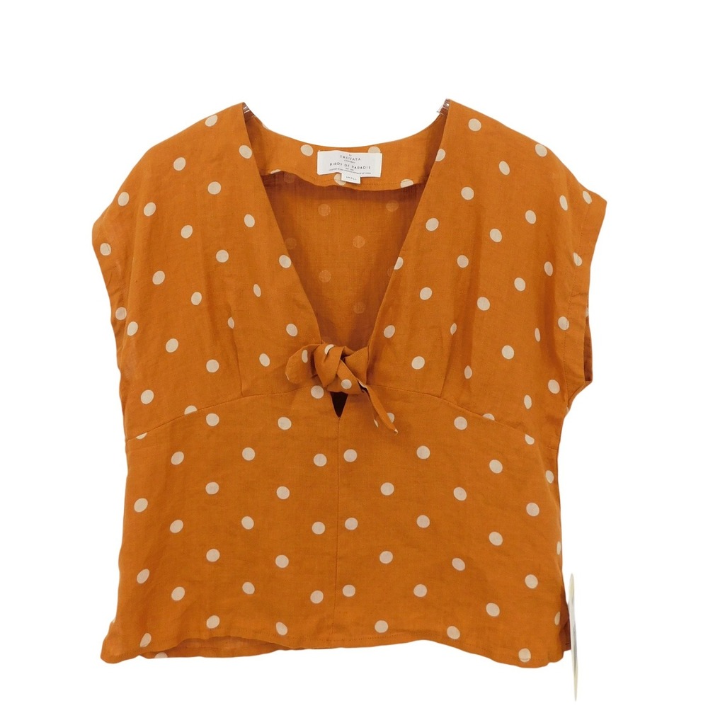 NWT Trovata Jodie Linen Tie Front V Neck Top in‎ Tobacco Dot Color Size Small